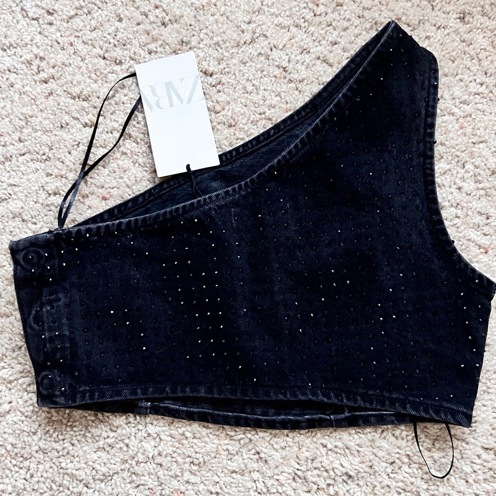 Zara Black One-Shoulder Studded Top - Picture 4 of 9